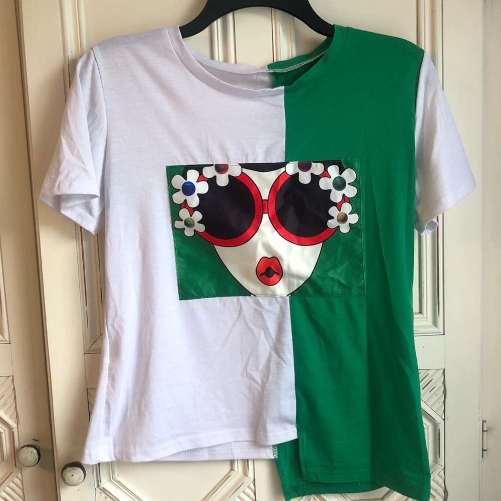 Trendy white and green shirt with flowersunglasses